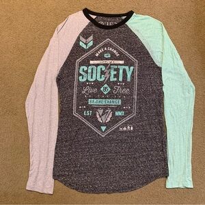 Society Shirt by Buckle Mens Medium Blue Gray Crew Neck Raglan Long Sleeve Top